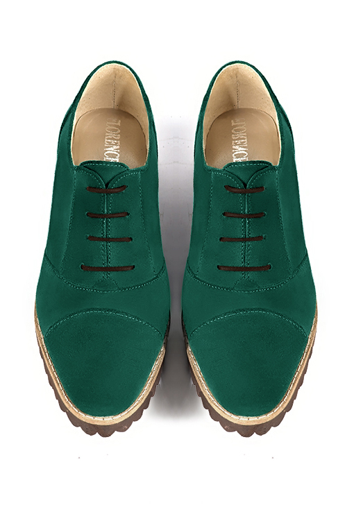 Emerald green women's casual lace-up shoes. Round toe. Flat rubber soles. Top view - Florence KOOIJMAN